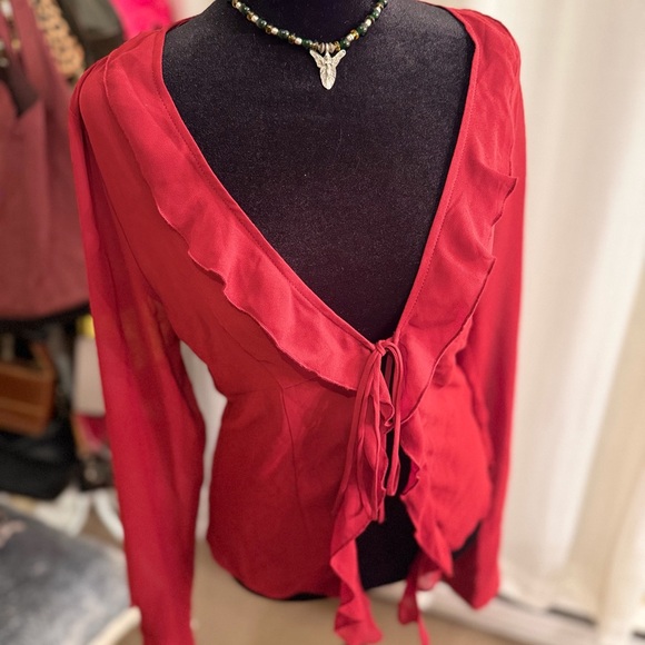 Garage Red Ruffle Tie-Front Blouse - Picture 5 of 6